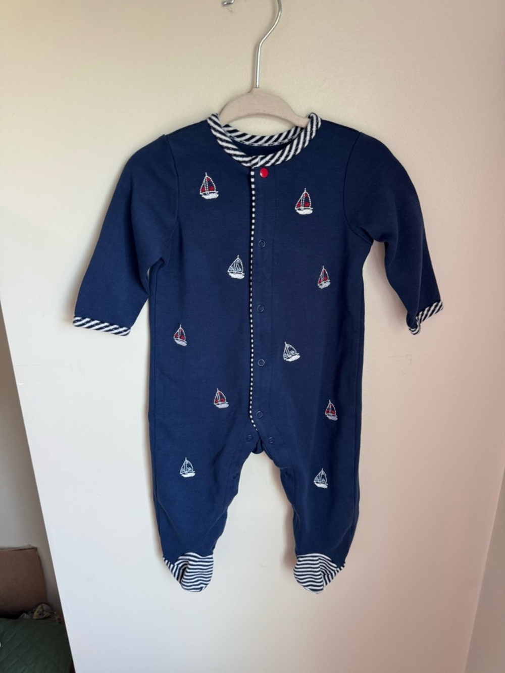 Little Me Navy Baby One-Piece Footed Romper with Sailboat Embroidery Size 9M